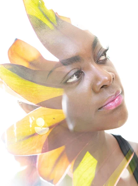 Vibrant double exposure portrait of young African American woman — Stock Photo, Image