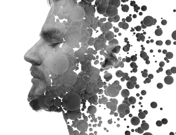 A black and white profile portrait of a man combined with floating 3d spheres. — Stock Photo, Image