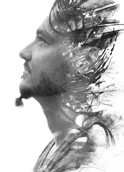 Paintography.Black and white painting combined with a portrait of man — Stock Photo, Image