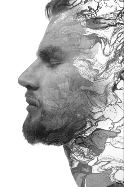 Um retrato de perfil preto e branco de um homem combinado com formas abstratas. — Fotografia de Stock