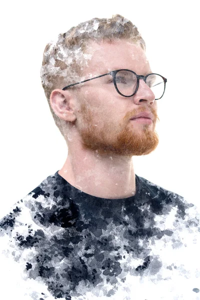 A portrait of a man combined with splashes in a double exposure technique. — Stock Photo, Image