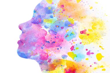 Paintografi. Akrilik bir resim ve yakın plan bir portre kombinasyonu.