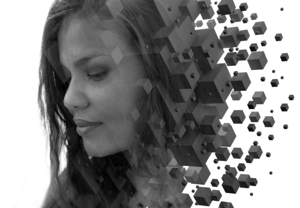 Burnout. Retrato de doble exposición de una mujer combinada con gráficos digitales — Foto de Stock