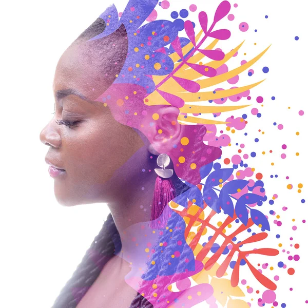Profile portrait of an African American woman combined with colorful digital art — Stock Photo, Image