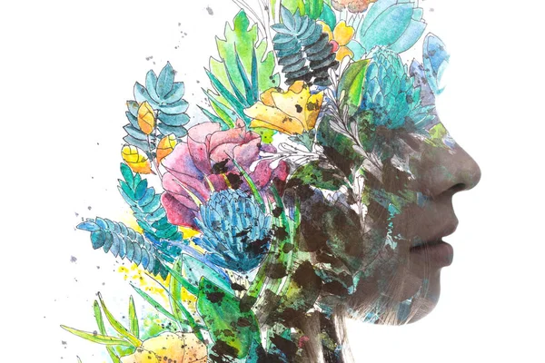 Paintography. Hand painted colorful plants combined with a silhouette of woman — Stock Photo, Image