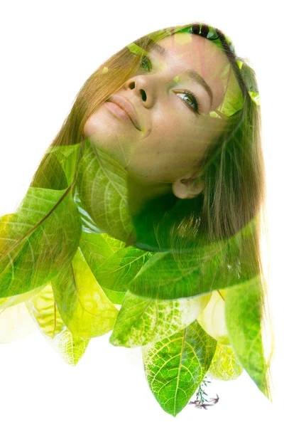 Vertical double exposure portrait of a woman combined with nature — Stock Photo, Image