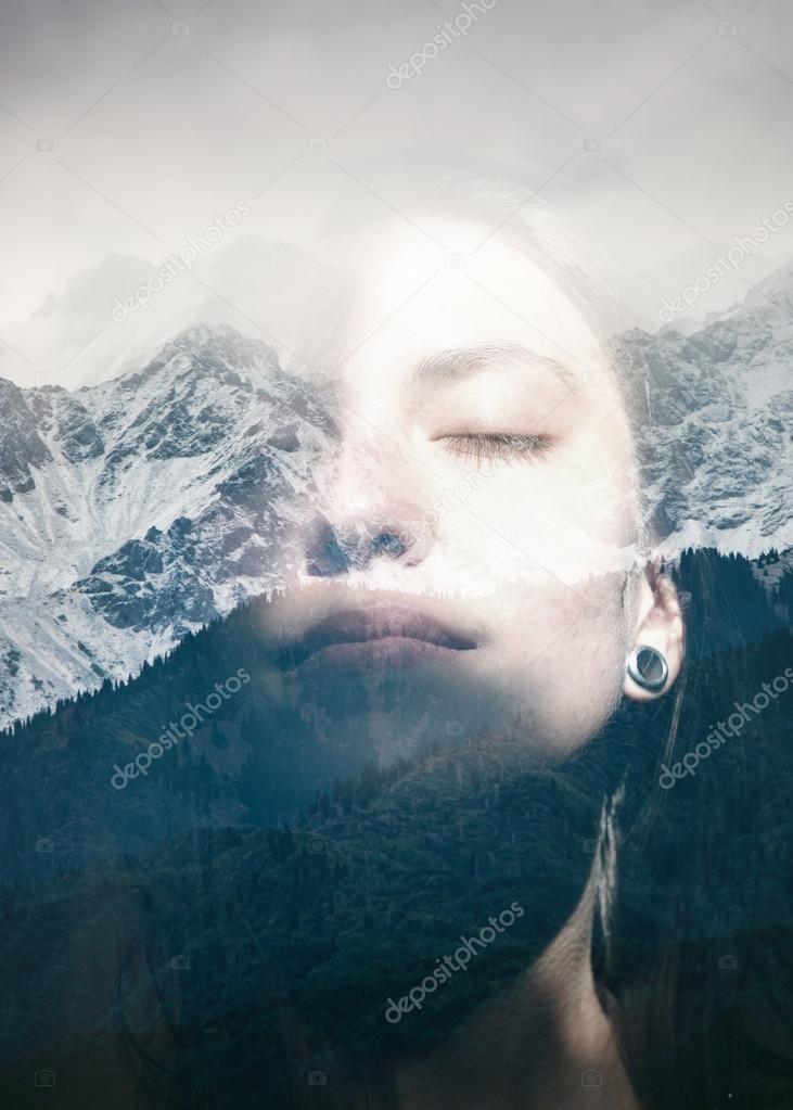 Woman combined with snowy mountains