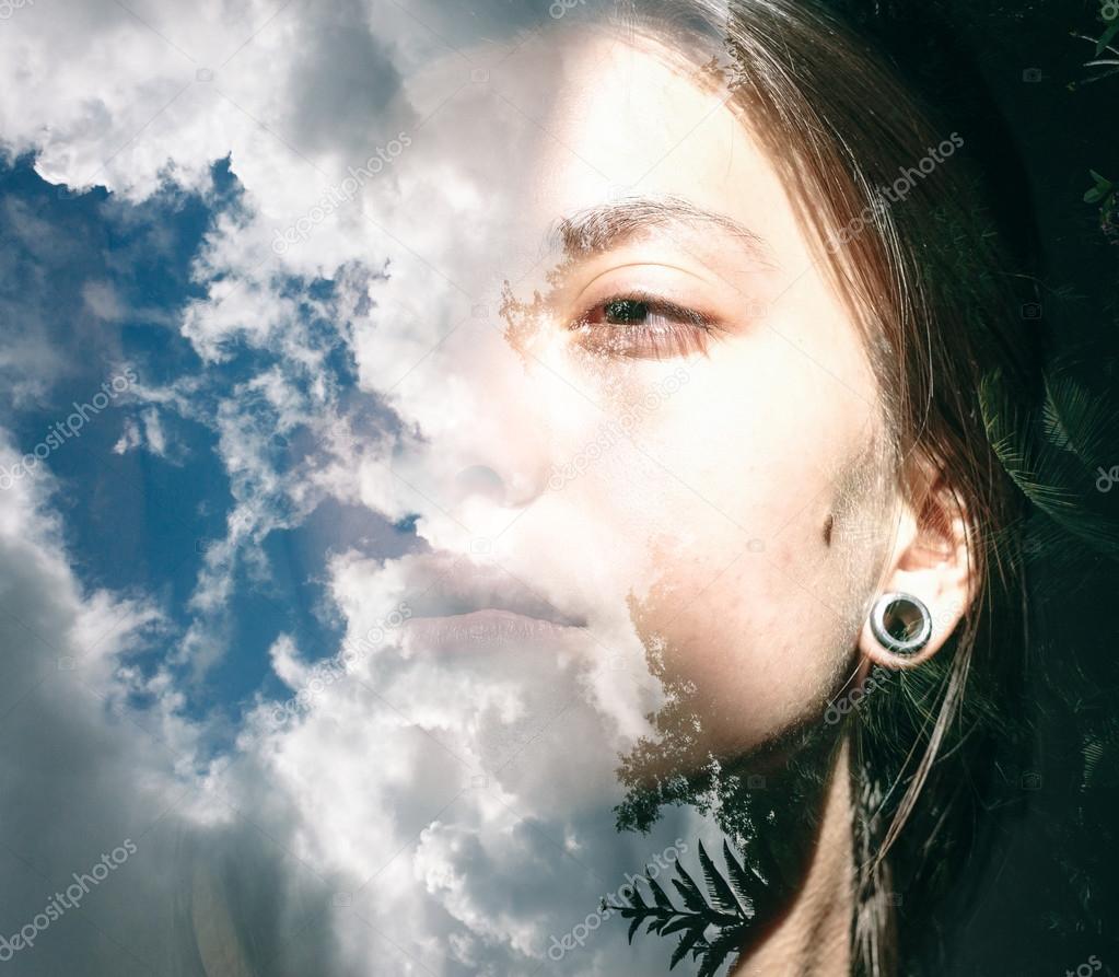 Woman combined with clouds
