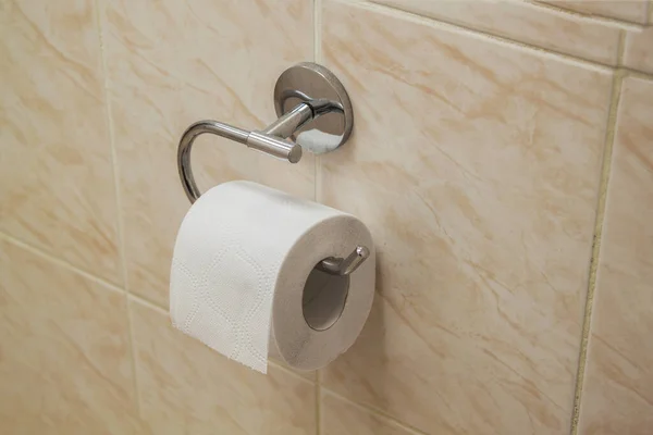 Рулон Білого Туалетного Паперу Висить Хромованому Тримачі Керамічній Стіні Перша — стокове фото