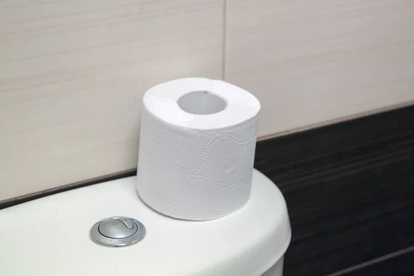 Toilettenpapier Auf Weißem Toilettentank Nahaufnahme — Stockfoto