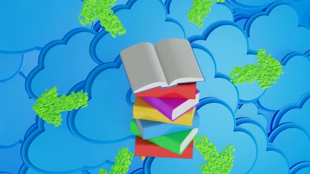 Pilha Livros Multicoloridos Com Livro Aberto Setas Verdes Antes Ícone — Vídeo de Stock