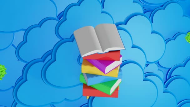 Mavi Bulut Bilgisayar Simgesinden Önce Açık Kitap Yeşil Oklarla Dolu — Stok video