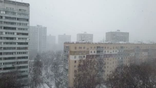 Śnieg Pada Zimą Lekkie Opady Śniegu Dzielnicy Miasta Ciągu Dnia — Wideo stockowe