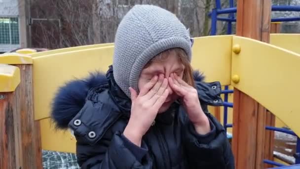 Close View Little Girl Rubbing Her Eyes Her Hands Crying — Video Stock
