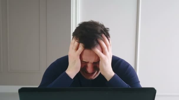 Unhappy Young Caucasian Worker Looks Laptop Screen Shocked Broken Gadget — Stock Video