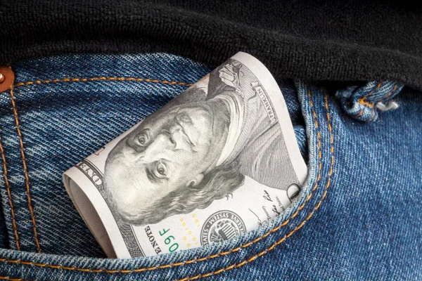 Large Wad Hundred Dollar Bills Protrudes Pocket Jeans Concept Cash — Stock Photo, Image