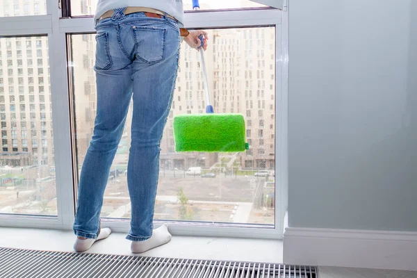 Housework Housekeeping Concept Woman Cleaning Window Green Mop Home Outdoor — Stock Photo, Image