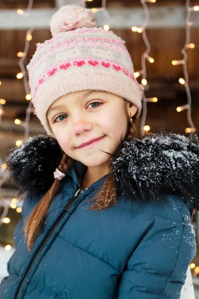 Little Girl Enjoying Holidays Portrait Kid Dark Background Lights Winter — Stock Photo, Image