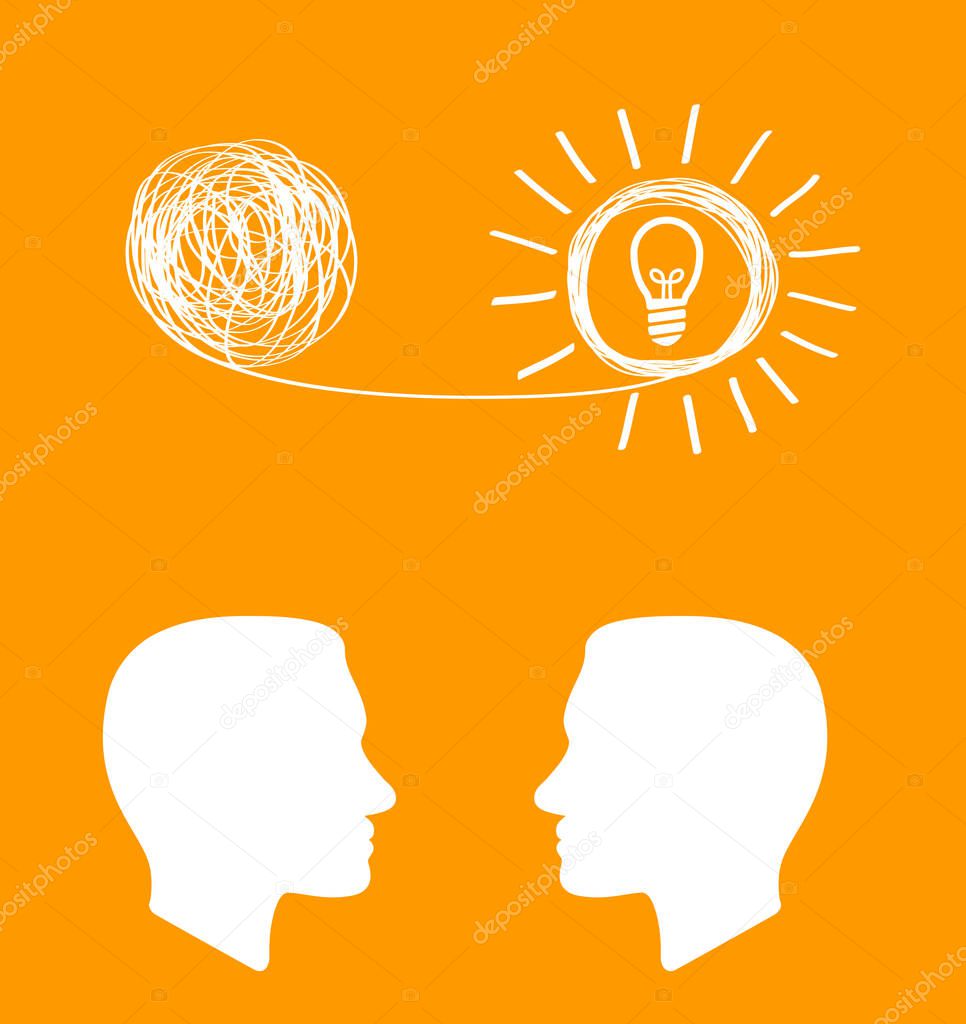 Concept icon showing untangling tangled line into creative idea. metaphor for mentor or coach in troubled business. concept of dealing with chaotic thought processes, confusion, personality disorders, and depression