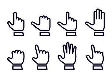El işaretçisi ya da imleç fare tıklaması, Başparmak yukarı veya düz simgeler gibi. İşaretler veya semboller. Eller. Vektör illüstrasyonu