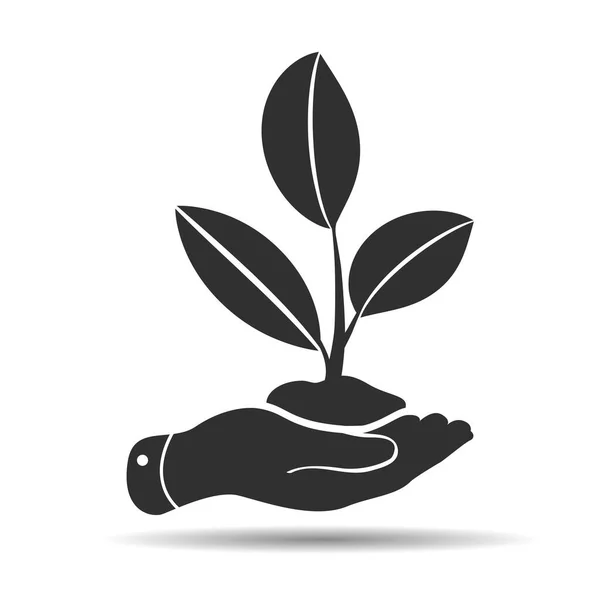 地面から発芽した植物の世話をする手のアイコン 自然への配慮という概念です あなたの腕の手のひらに葉 生態系のシンボル 環境意識 自然保護の概念 — ストックベクタ