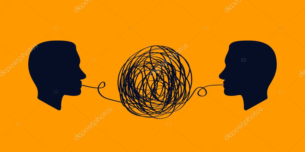 Concept icon showing silhouette of human heads with tangled line outside. concept of misunderstanding two people. inability to come to agreement in problems business. concept of chaotic thought process, confusion, personality disorder and depression