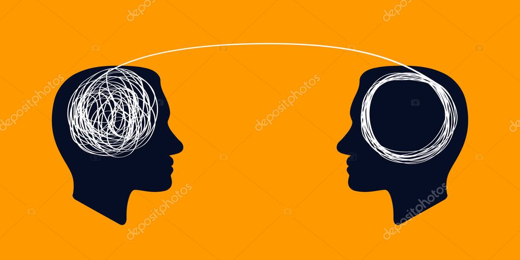 Concept icon showing silhouette of human heads with tangled line outside. unraveling of tangled line. metaphor for mentor or coach in problems business. concept of chaotic thought process, confusion, personality disorder and depression.