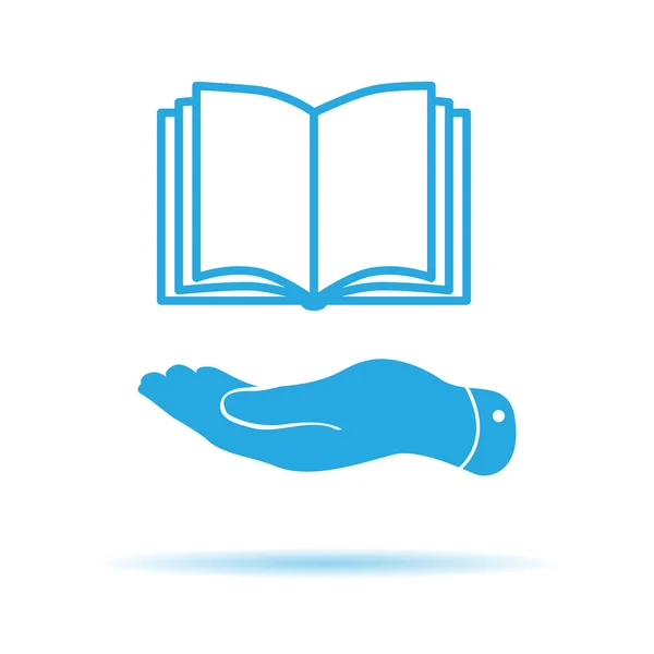 Mano plana azul dando el icono del libro — Vector de stock