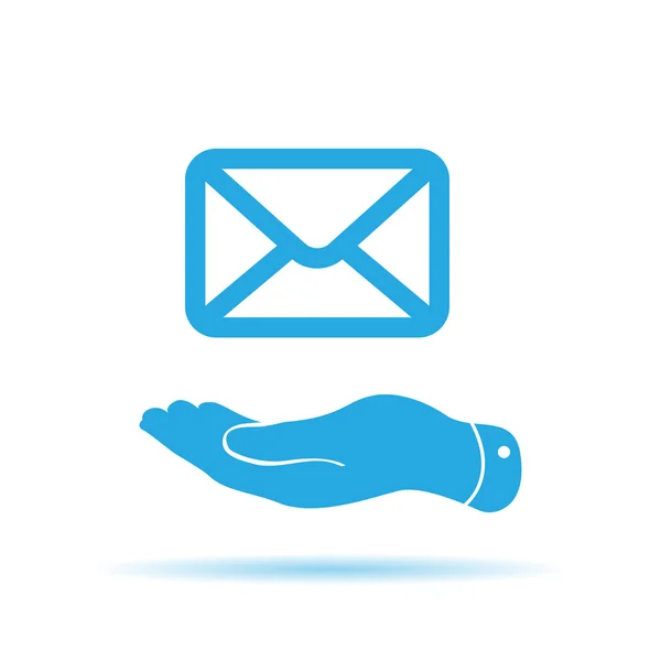 Blaue flache Hand, die das Mail-Symbol gibt — Stockvektor