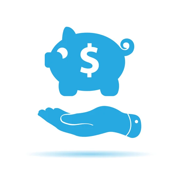 Flat hand showing blue piggy bank icon — Stock Vector