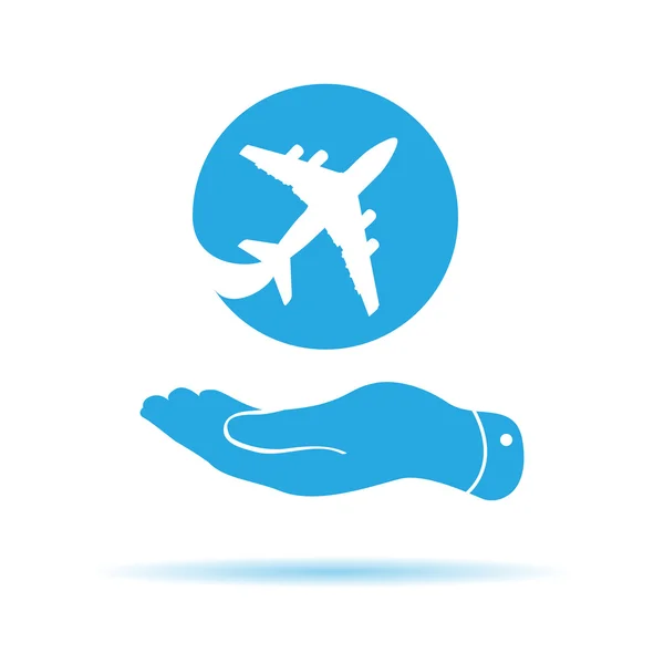 Mano plana azul que muestra el icono del avión — Vector de stock