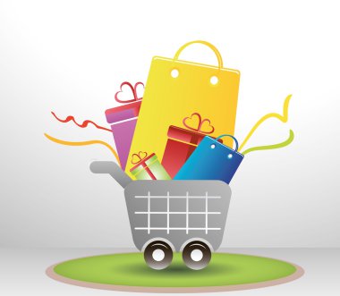 kurdela ve çantaları ile alışveriş sepeti