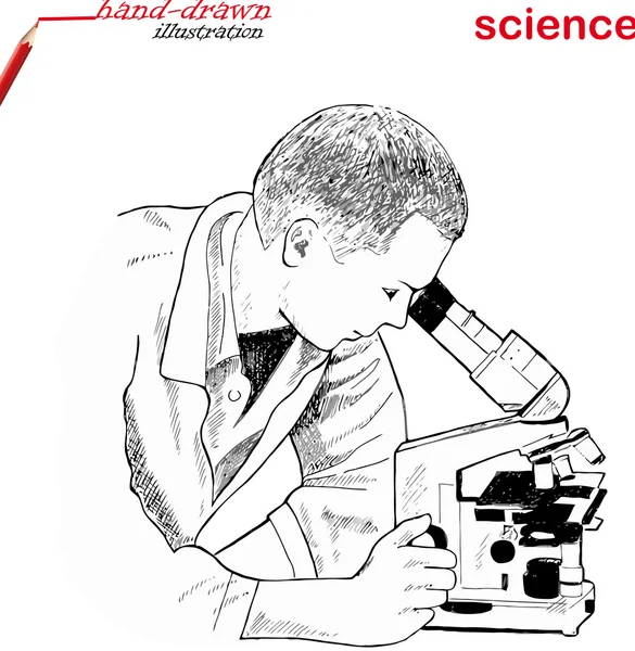 Cientista de pesquisa em jaleco olhando para o microscópio em laboratório — Vetor de Stock