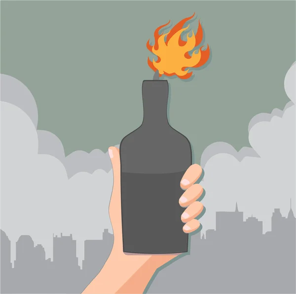 Mano sosteniendo una botella con cóctel molotov — Vector de stock