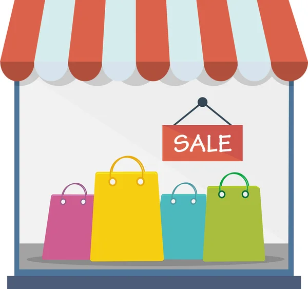Janela de compras com sinal de venda e sacos — Vetor de Stock