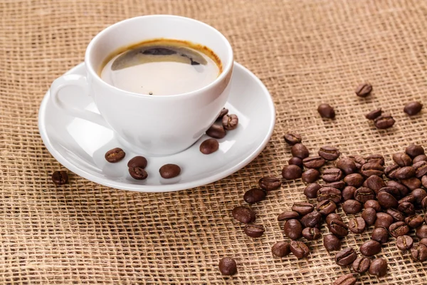 White coffee cup and coffee beans — Stock Photo, Image