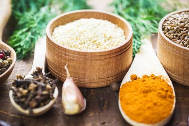 Kaşık içinde renkli baharatlar 