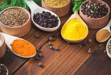 tahta kaşıklar içinde renkli baharatlar 