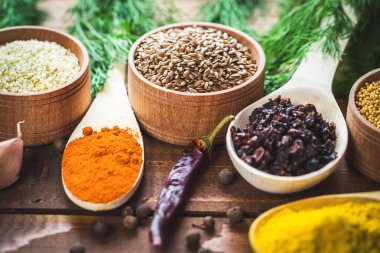 Kaşık içinde renkli baharatlar 