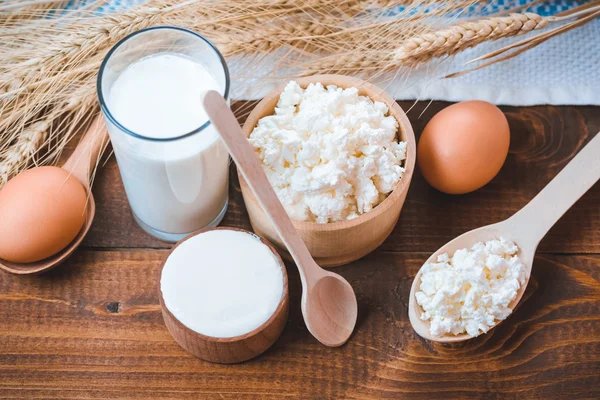 Latte, formaggio, panna acida e uova — Foto Stock