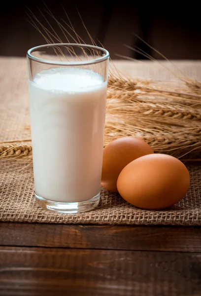 Vaso de leche, huevos y espigas de trigo — Foto de Stock