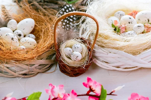Nidos de Pascua con fondo de huevos —  Fotos de Stock