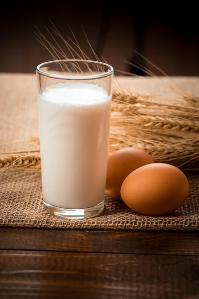 Vaso de leche, huevos y espigas de trigo — Foto de Stock