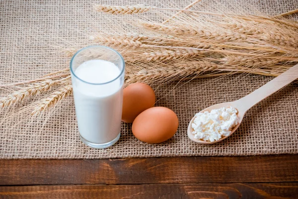 Bicchiere di latte, uova e ricotta — Foto Stock