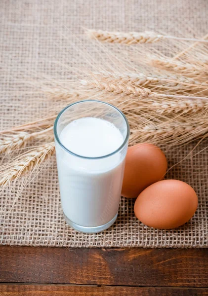Bicchiere di latte, uova e spighe di grano — Foto Stock
