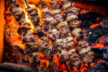 Barbekü domuz Kebap sıcak ızgara yakın çekim üzerinde. Alevler ateş ve arka planda kömürleri