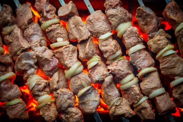 Barbecue pork kebabs on the hot grill close-up. Flames of fire and coals in the background — Stock Photo, Image