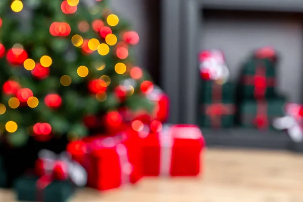 Bela Sala Natal Borrada Interior Com Árvore Natal Decorada Presentes — Fotografia de Stock