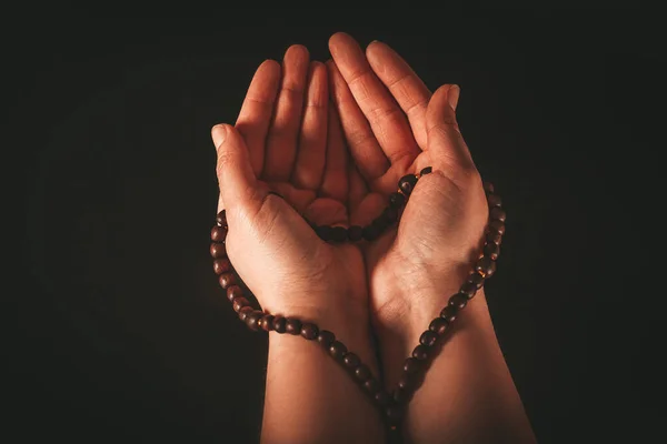 Female Hands Prayer Wooden Rosary Dark Background Beautiful Background Celebration Stock Picture