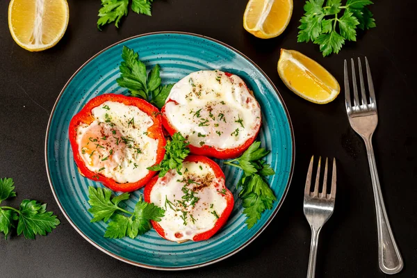 Closeup Plate Sliced Peppers Fried Eggs Stock Photo